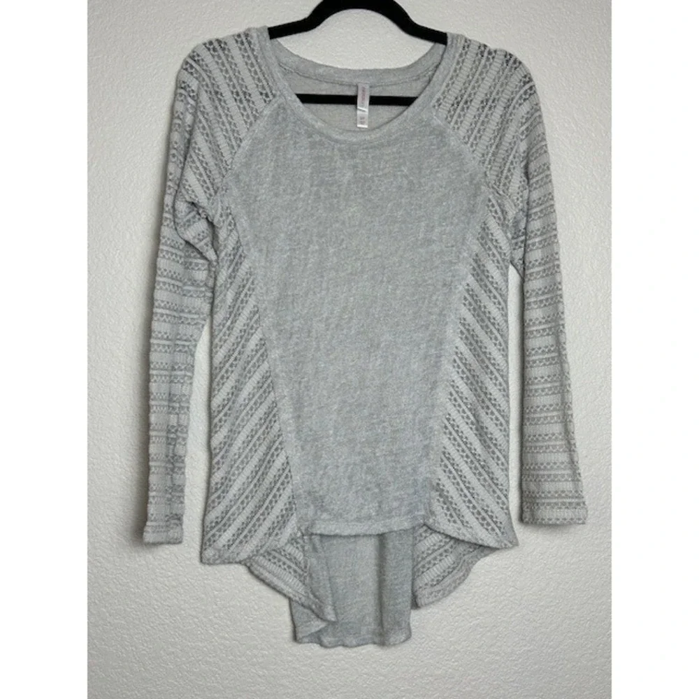 Xhilaration Womens S Gray Knit Sweater Lace Inset Lagenlook Raw Seams Semi-Sheer